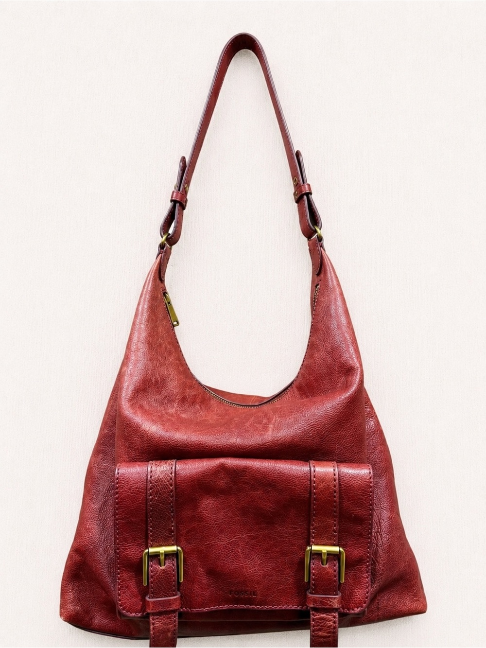 ✨ Fossil Red Burgundy Leather Boho Hobo Shoulder Bag Slouchy Buckle Pocket ✨